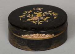 A 19th century gold and silver pique inlaid tortoiseshell snuff box
Of hinged oval form with an