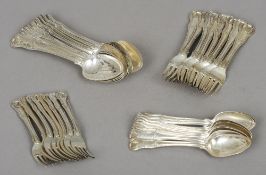 A matched suite of George III silver flatware
Comprising: eight tablespoons, hallmarked London 1816,