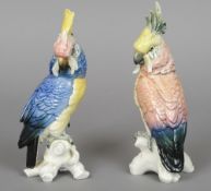 A pair of German porcelain cockatoos by Carl Ens 
Each typically modelled, green printed mark and