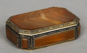 A 19th century Continental unmarked silver gilt agate set table snuff box
Of canted rectangular form