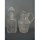 A RICHARDSON CRYSTAL SQUARE WHISKEY DECANTER, 26cm with A CRYSTAL WATER JUG, 21.5cm