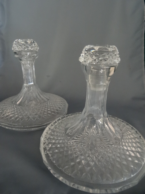 A PAIR OF GALWAY CRYSTAL SHIP'S DECANTERS. 22cm
