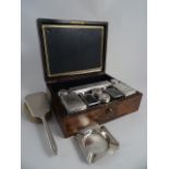 A VICTORIAN LADY'S ROSEWOOD TRAVELLING COMPANION COMBINATION WRITING AND COSMETIC BOX with brass