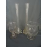 A PAIR OF LATE VICTORIAN HEXAGONAL GLASS STEM VASES (AF), with A PART FLUTED SWEET MEAT PEDESTAL