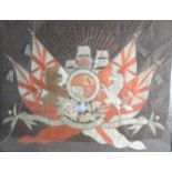 A 19THC NAVAL SILKWORK PANEL depicting British Coat of Arms over naval flags and ships' sails.