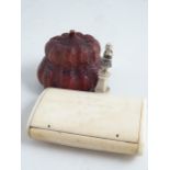 A 19THC IVORY OVAL SMALL BOX with A JAPANESE WOOD GOURD CONTAINER WITH IVORY PHALLUS and a SMALL