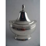 AN 18THC DUTCH SILVER PETIT TUREEN AND COVER. Bright cut engraved bands on the oval cover and