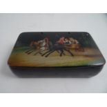 A 19THC RUSSIAN PAPIER MÂCHÉ SNUFF BOX. The hinged lid depicting a Troika with four passengers.
