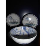 A Chinese blue and white bowl with bambo