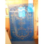 An acid etched blue plate glass panel wi