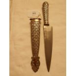 An ornate Industria 925 silver handled knife having bright cut chequered decoration with yellow