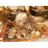 Miscellaneous silver plated ware to include a WMF leaf bowl, a three piece tea set, a trophy cup,