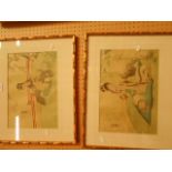 A pair of Oriental watercolour on silks of ladies in garden scenes,