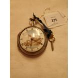 A London silver pear cased pocket watch having fusee movement the enamelled dial having boat yard