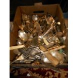 A box of miscellaneous silver plated and stainless steel cutlery