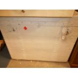 An early 20th C painted wooden and iron bound linen trunk complete with original trays