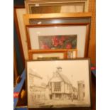 A box of assorted pictures and prints to include oil of shire horses, pastel still life flowers,