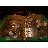 A box of assorted plated ware to include a pair of Walker & Hall entree dishes, egg stand,