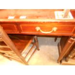 An Edwardian style French hotel mahogany inlaid dressing table with arched bevelled mirror back