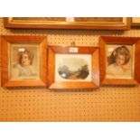 Two hand coloured mezzotint portraits in walnut frames and a painted tile with landscape scene,