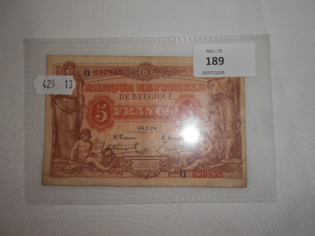 A Belgium 5 francs banknote dated 25.1.