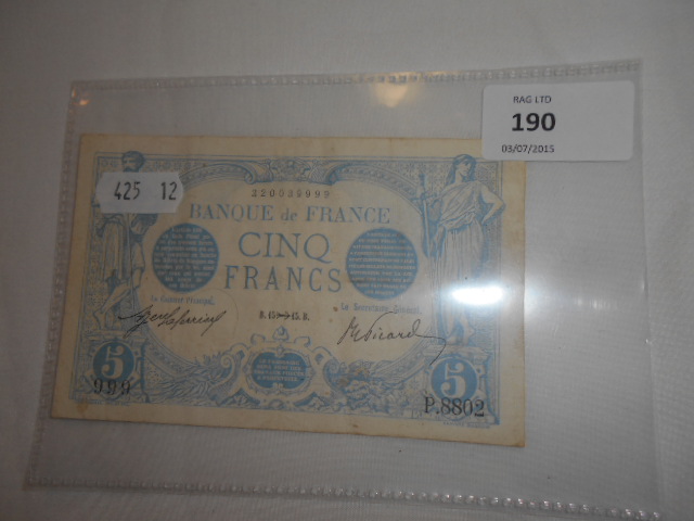 A French 5 francs banknote dated 15th Nov 1915