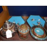 A collection of cloisonne items to include a pair of hexagonal plates decorates with flowers and