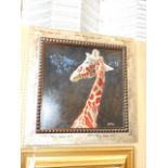 WILL BULLAS acrylic on board portrait of a giraffe against a dark ground,