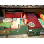 Two boxes of vintage board games to include Escalado, Buccaneer, The Bermuda Dingy Race,
