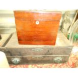 A Georgian mahogany tool box with a drawer having original makers label in need of restoration and