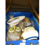 A box of assorted china and glass to include a Torquay motto ware lidded candle holder,