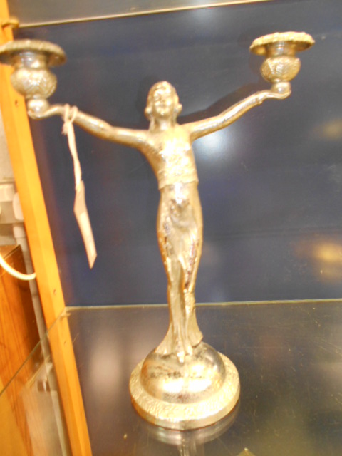 A chrome plated Art Deco figural candelabra of a female