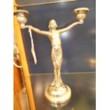 A chrome plated Art Deco figural candelabra of a female