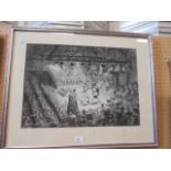 A framed monochrome pastel of theatrics on a central stage surrounded by audience,