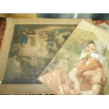 An unframed 19thC watercolour on card portrait of a lady along with an 18thC hand coloured engraving