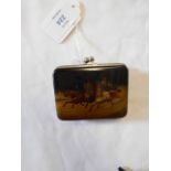 A black lacquered and white metal Russian purse depicting horse riding scene