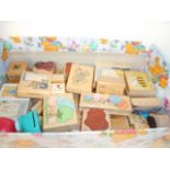 A box of wooden and rubber craft stamps to include teddy bears,