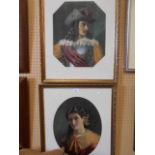 A pair of 19th C watercolour portraits of a gypsy girl and a cavalier,