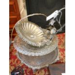 A Walker & Hall silver plated circular dish of lobed form the handle with applied grape and vine