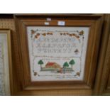 A 19thC pictorial sampler, signed 'Mary's Work' and dated 1844,