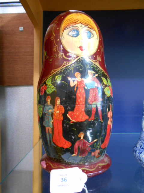 A set of ten Russian Matryoshka stacking dolls with pictorial scenes signed and dated to base  Dated