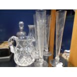 A set of four acid etched long glasses, two decanters,