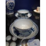 Two circa 1700 Royal Worcester blue and white tea bowls and saucers  Rim chips to both bowls,