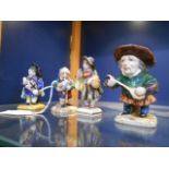 Three Continental hunchback porcelain musicians and a beggar girl