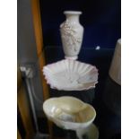 Three pieces of Belleek china with early black marks to base