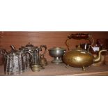 3 piece silver plated tea set, brass bel