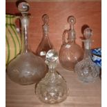 3 glass decanters and 2 cut glass vinega