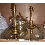 2 handled pewter tray, brass candlestick