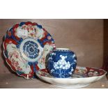 2 old Imari plates and a blue and white