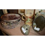 Small Barbola mirror, small Majolica style jug and Studio pottery vase and set of 6 Wedgwood